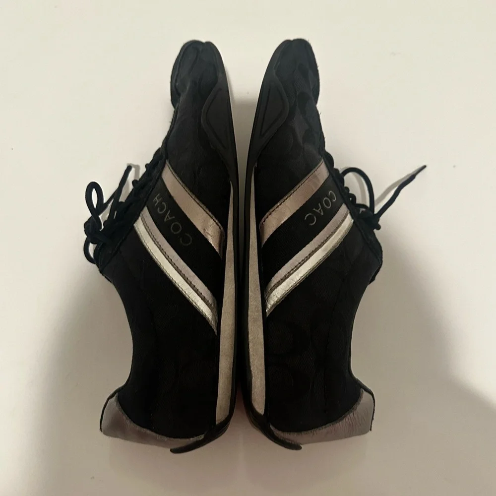 Coach Jayme Sneaker Signature Black Canvas Silver Leather Trim Size 10